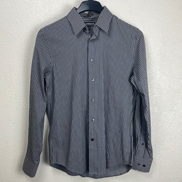 Express Shirts Express Mens Gray Striped Button Up Long Sleeve
